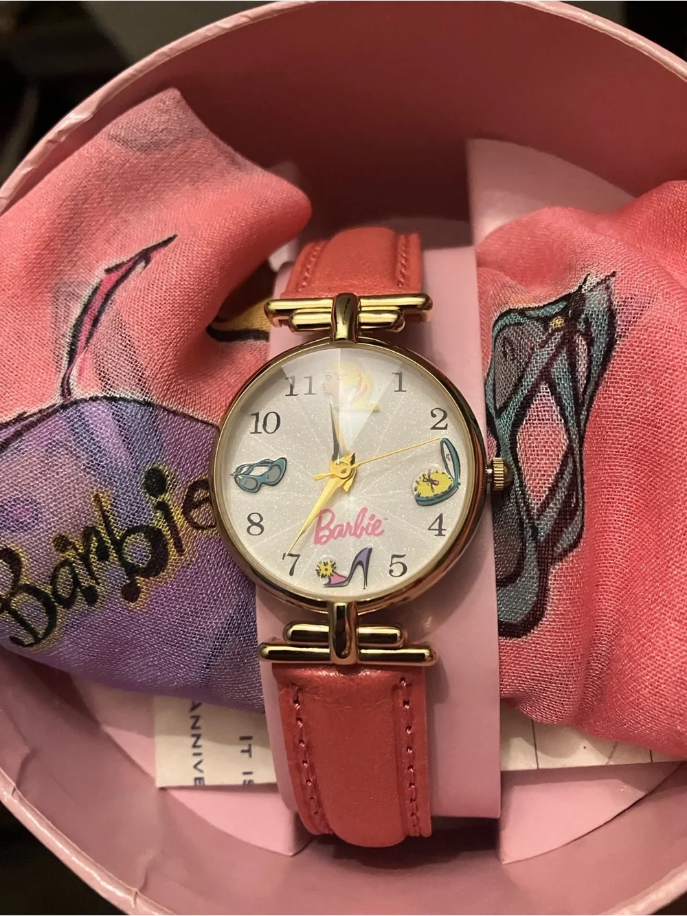 1995 35th Anniversary NWT Barbie Pink Watch & Scarf w/NEW BATTERY INSTALLED